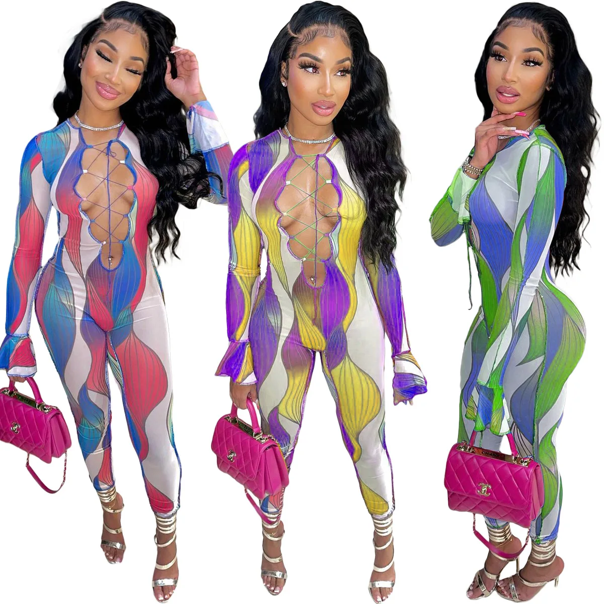

Boutique wholesale new plus size flare long sleeve stylish contrast color hollow out bandage jumpsuits for women