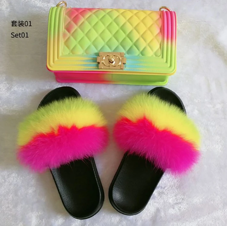 

Rainbow color bags shoulder crossbody designer matching purse handbags raccoon real fox fur slides and handbag for women, As photo