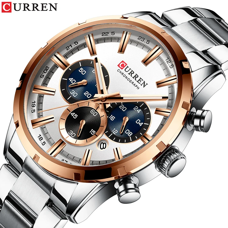 

CURREN 8355 Hight End Quartz Watch Stainless Steel Strap Chronograph Calendar Business Male Watches, As picture