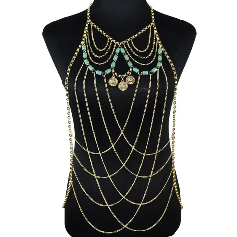 

Women Body Chain Jewelry Harness Cross Over Body Chain Turquoise Beads and Coins Necklace Yiwu Making Supplier, Gold & silver