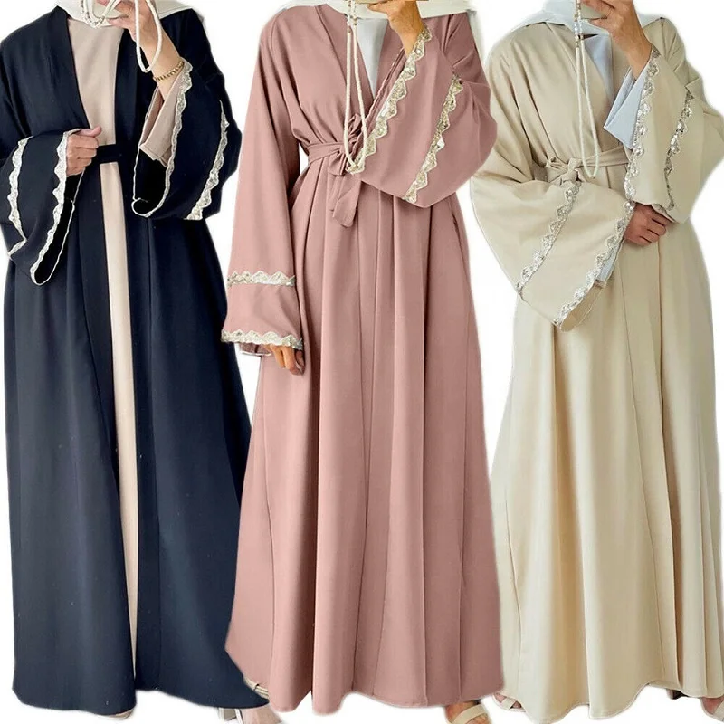 

Dubai lace open Cardigan Abaya Muslim women dress kimono kaftan Turkey Islamic Clothing, Black, light blue, pink, beige
