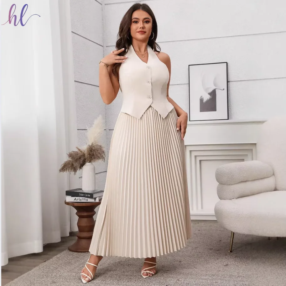 Plus Sleeveless Vest Top & Pleated Long Skirt Suit