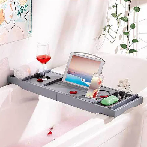 

STOCK white color bamboo Luxury Bathtub Caddy Tray with Book and Wine Holder Bath and Bed Tray with extending sides, Nature