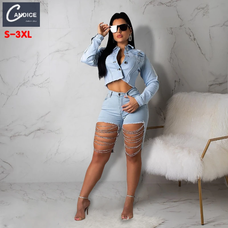 

Candice 2021 top fashion casual club high waist Chain designer skinny sexy ripped short denim pants style rip jean