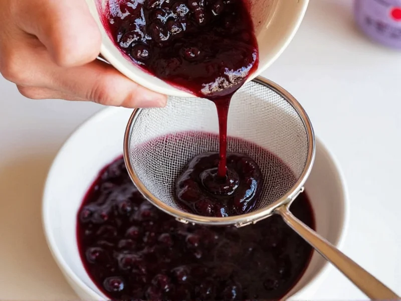 Pouring blueberry syrup through fine mesh strainer