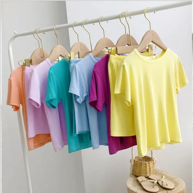 

2020 Cute Summer Toddler Girl Short Sleeve Solid Short Sleeve 2 pcs Outfit Set Cute Children Leisure Wear Pajamas for 2-6T, As photos