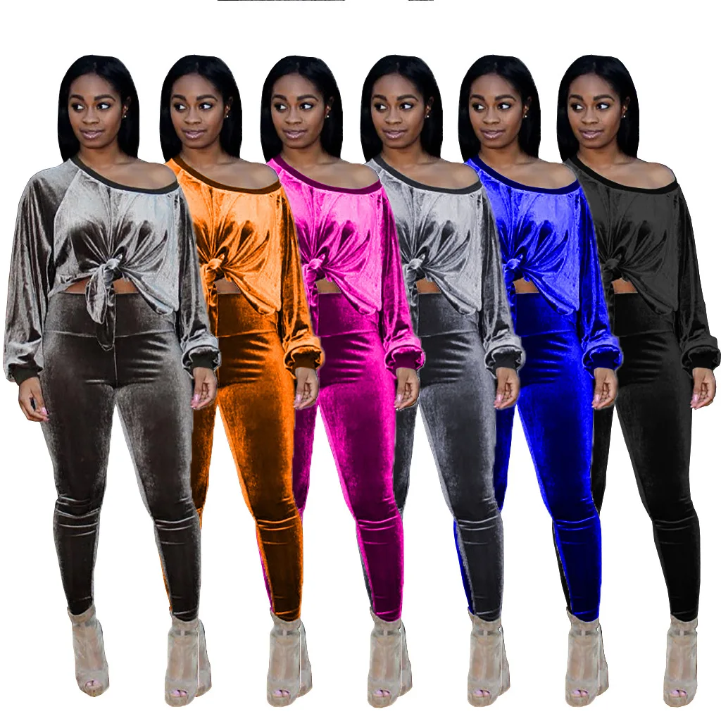 

Trending Products 2021 New Arrivals Sexy Bandage Fashionable Casual Pants Velvet Hollow Out 2 Piece Set Ladies Long Sleeve Set
