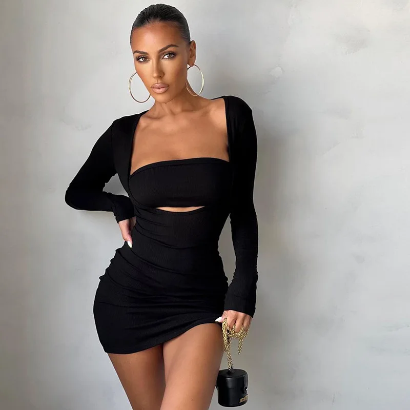 

Sexy Hollow Out Long Sleeve Bodycon Dress Solid Party Evening Short Dresses for Women 2021 Fall Winter Clothes