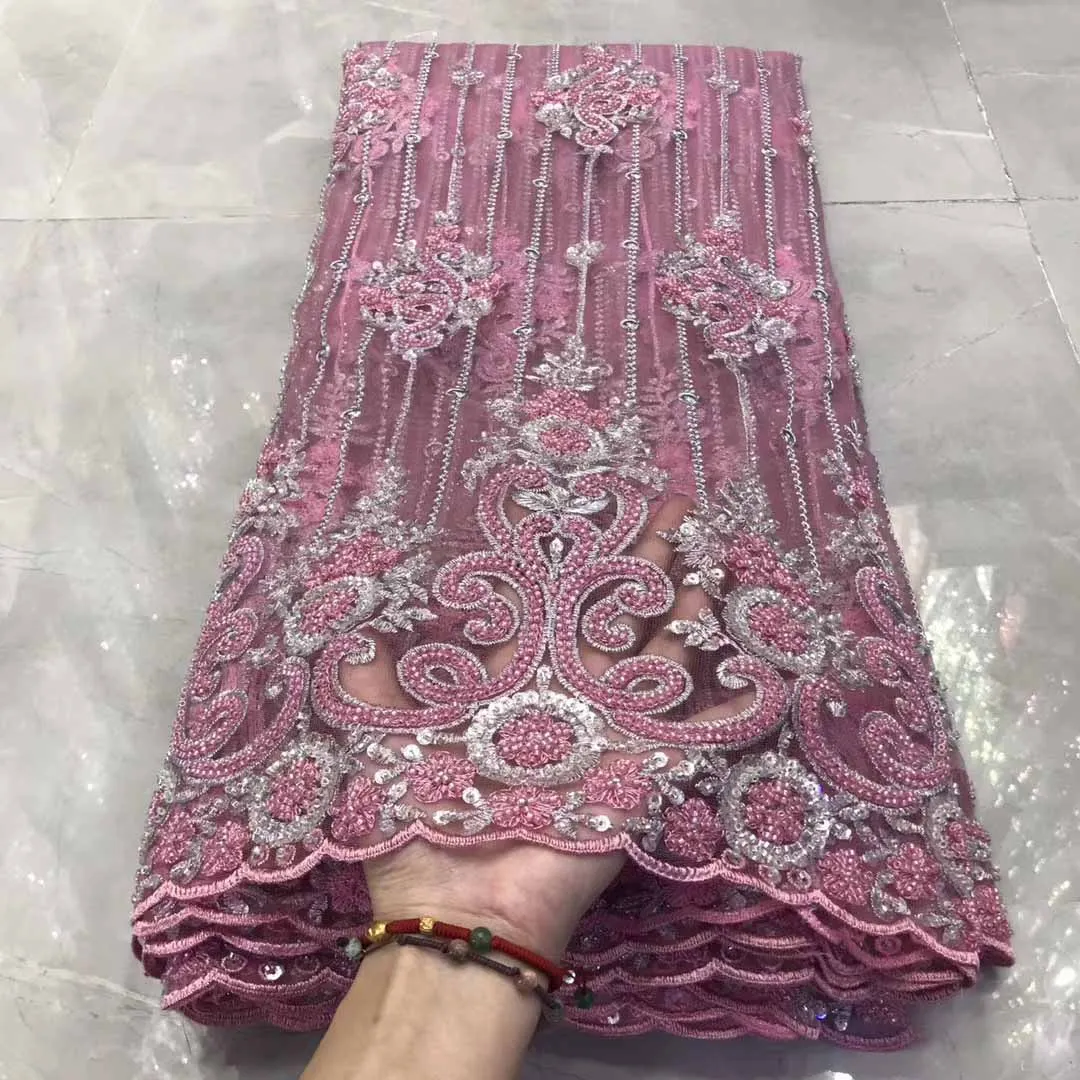 

2020 latest pink lace materials french tulle net beaded embroidery african lace fabric for wedding