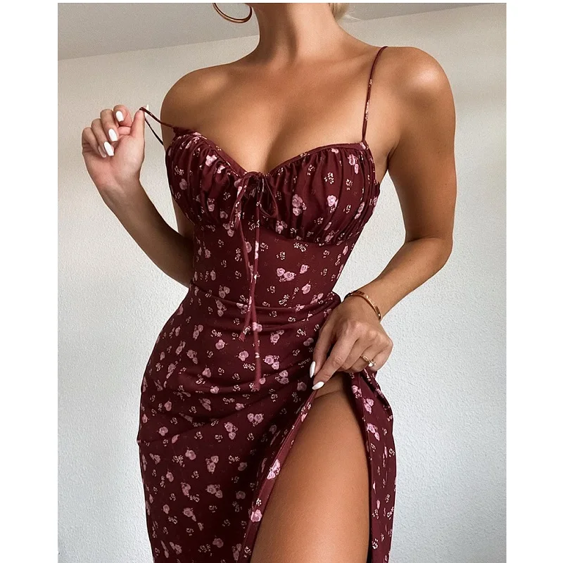 

2021 new arrivals Sexy fashion floral pleated dress lace-up slit sling dress women
