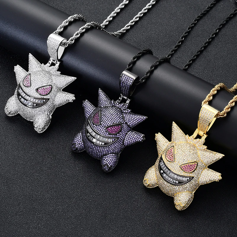 

BES Hip Hop Jewelry Big Size Gengar Charms Iced Out AAA CZ Stone Anime Pendant Jewellery Necklace For Men Gift, 3 colors