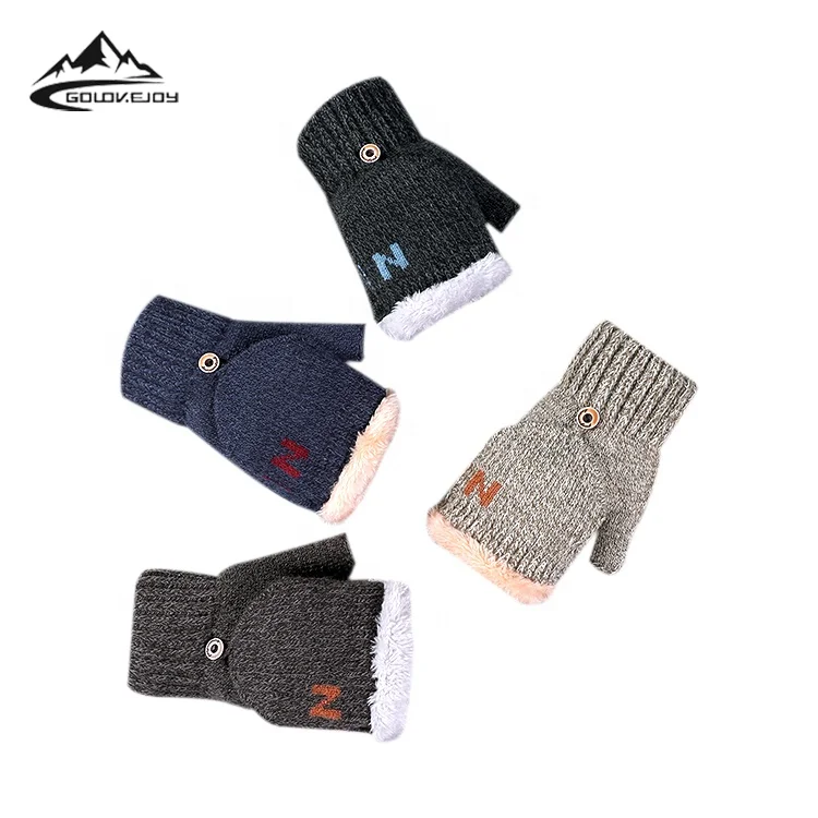 

GOLOVEJOY DZ109 Knitted Half-finger Gloves for Boys and Girls Windproof Clamshell Thickened And Fleeced Winter Wool Gloves, Dark grey, navy blue, coffee, khaki