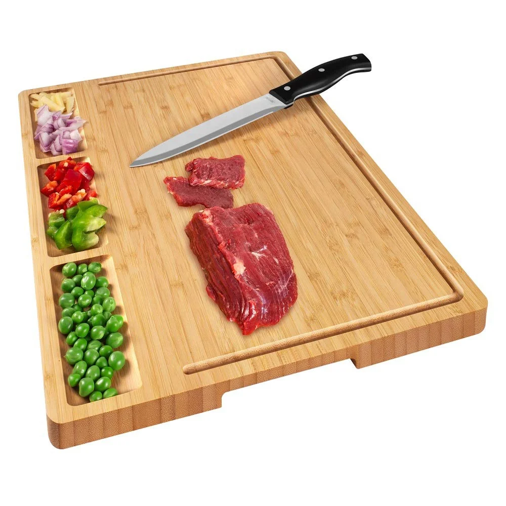 Large Bamboo Cutting Board Kitchen Eco-Friendly Reversible Chopping Board 3 Compartments Juice Grooves Butcher Block