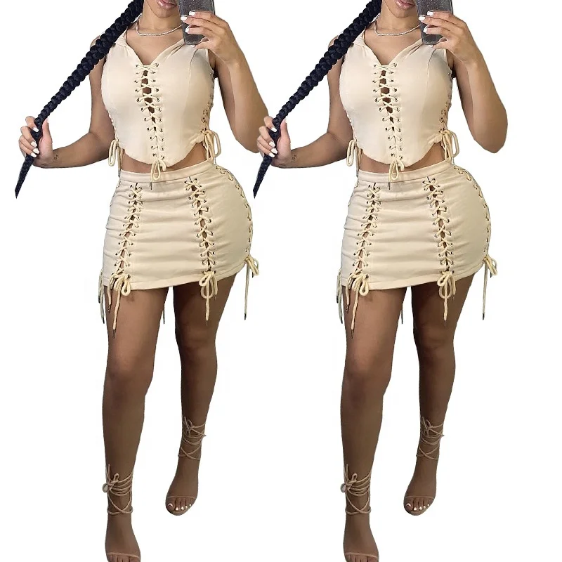 

YS-K9919Summer new style bodycon wrap skirts women mini sexy banded eyelets sleeveless hoodie crop top two piece short set skirt, As picture shows or customized color