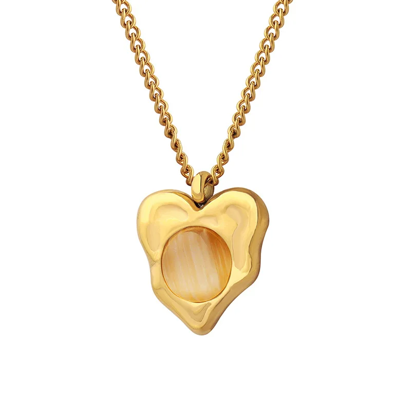 Lovely 18k Gold Plated Irregular Heart Stainless Steel Opal Stone Heart Pendant Necklace