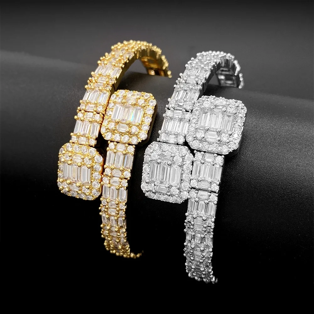 

Luxury Hip Hop Jewelry 18K Gold Plated Iced Out VVS Moissanite Baguette Bangle Bracelet