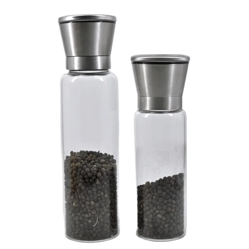 

High borosilicate China Domestic Manual Glass Bottles Dry Spice Grinder stainless steel Lid 300ml 500ml Salt and Pepper Grinder
