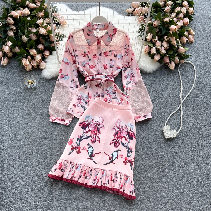 

Fashion Ruffle Stand Collar Sweet Print Pink Dress Ruffle Lace Patchwork Long Sleeve Floral Print