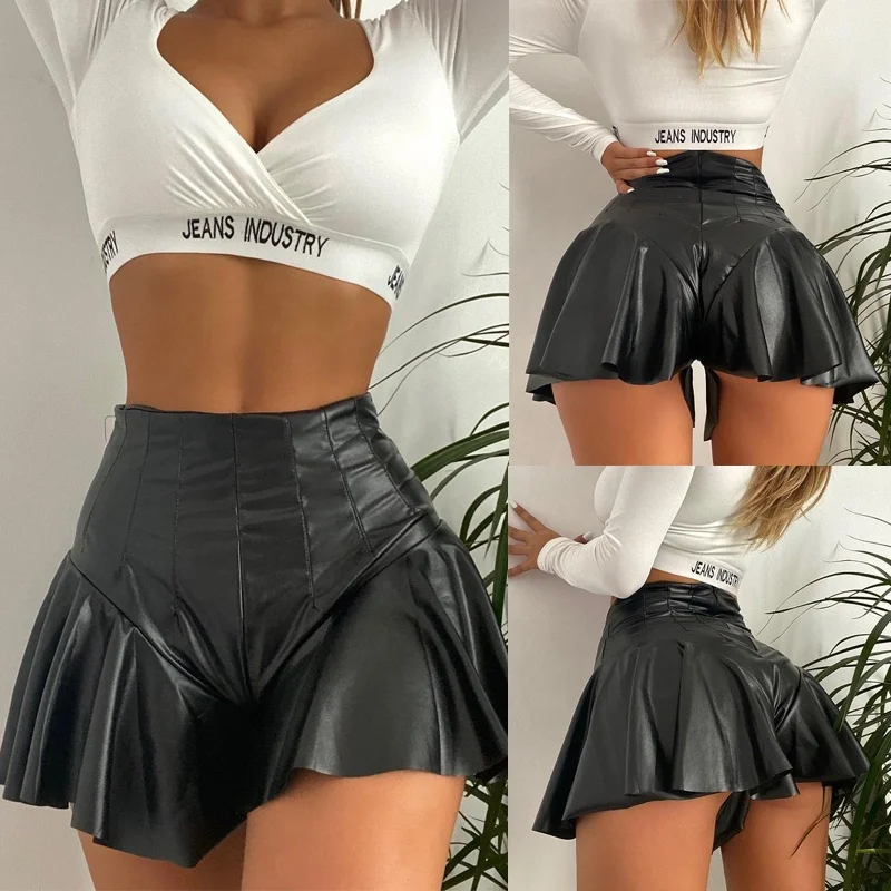 

2021 women clothing summer regular high waist women pu leather shorts sexy ruffle slim fitted hot shorts denim shorts for women, Picture