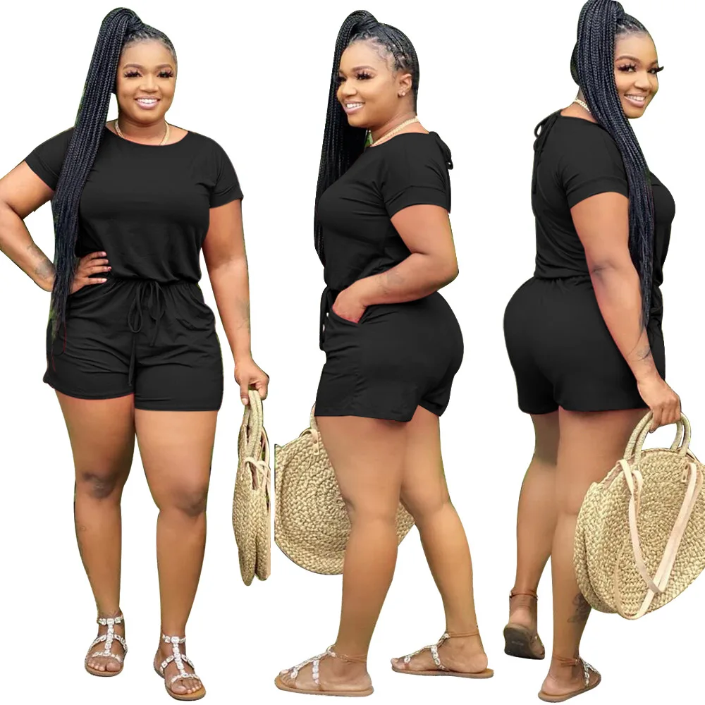 

9S4U women Summer Overall Lace Up 2020 O Neck Short Sleeve Jumpsuit Night Club Outfit plus size short romper, Customized color