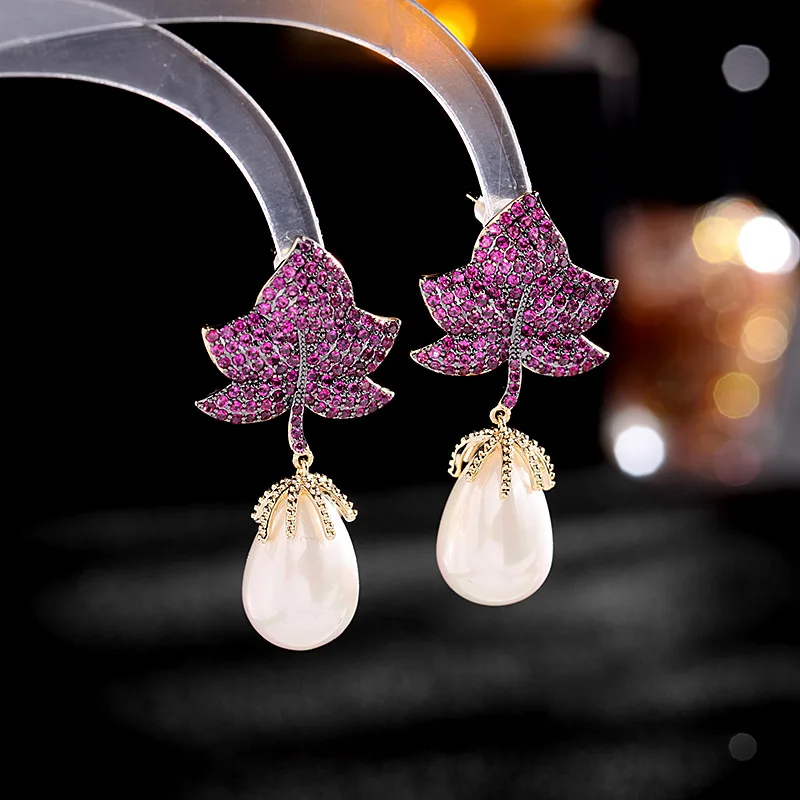

Fashion Luxury Gold Plated Cubic Zircon Maple Leaf Freshwater Pearl Drop Dangle Lady Earrings, Rose red zircon, green zircon
