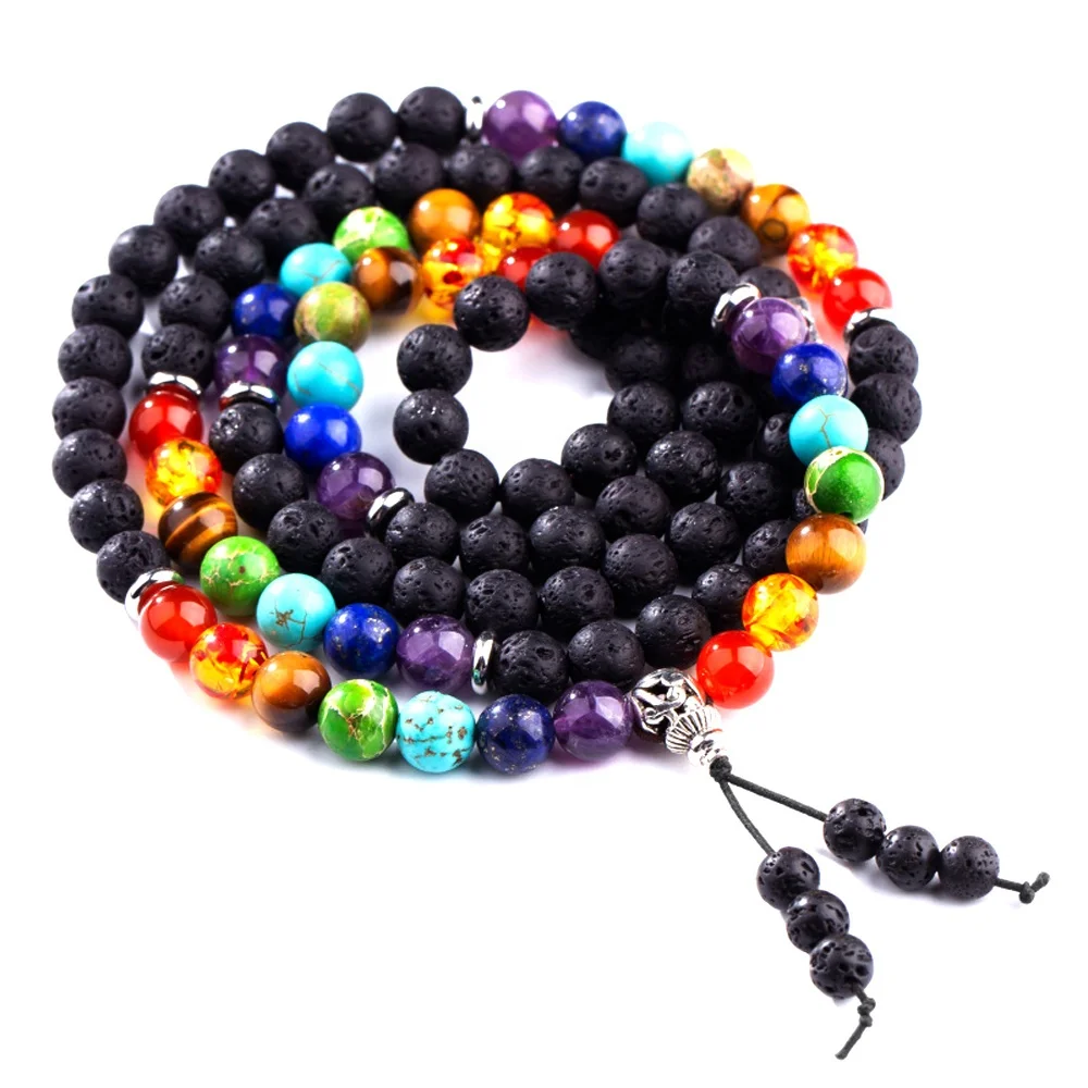 

7 Chakra Yoga Healing Reiki 108 Mala Stainless Steel Accessories Tassels Lava Rock Bracelets