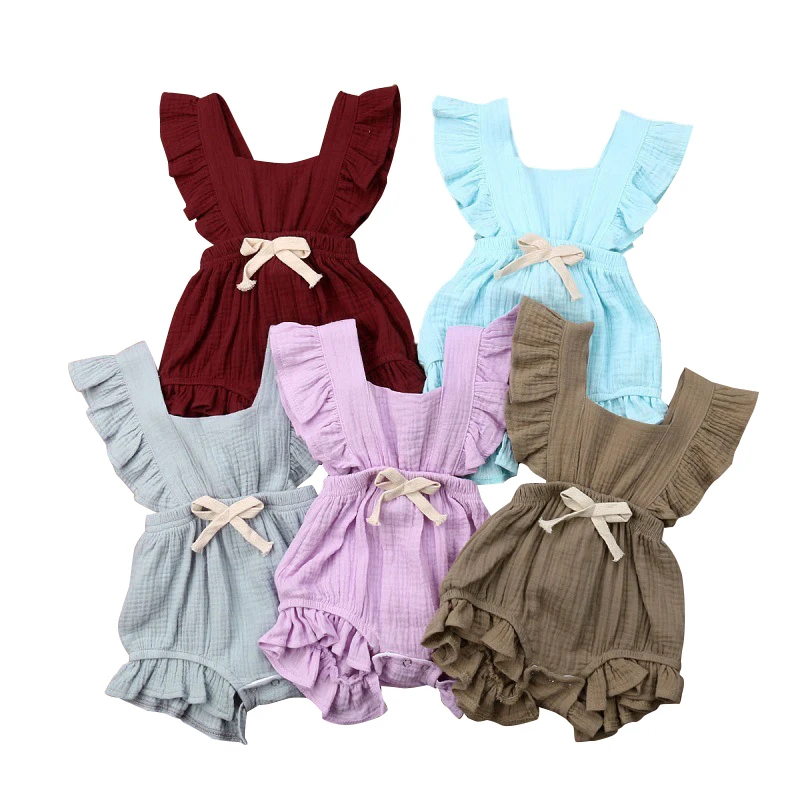 

Hot sale summer knitted newborn baby clothes 100% cotton girls jumpsuit Flutter sleeves baby girls' rompers