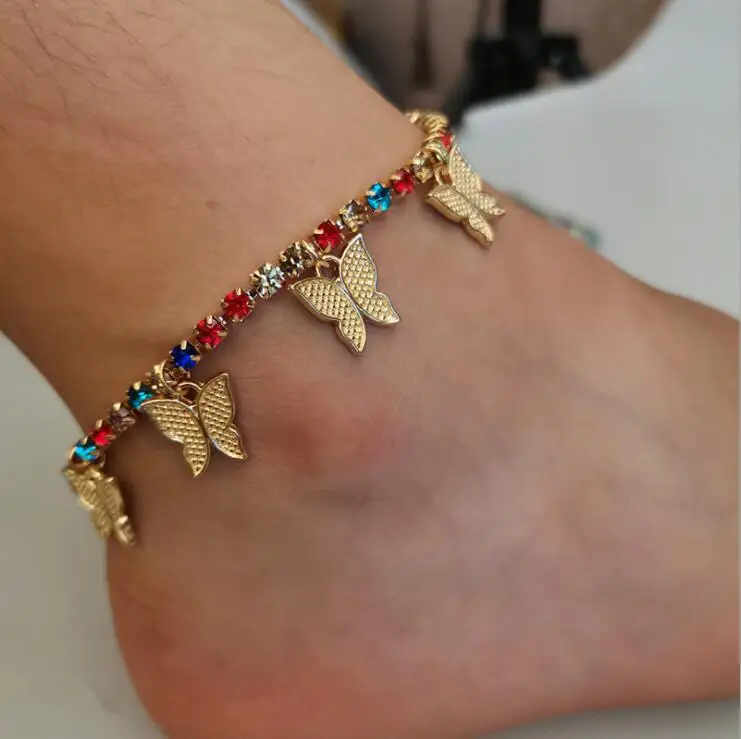

2021 Gold Butterfly Tennis Anklet Rhinestone Jewelry for Women Crystal Butterfly Pendant Anklet