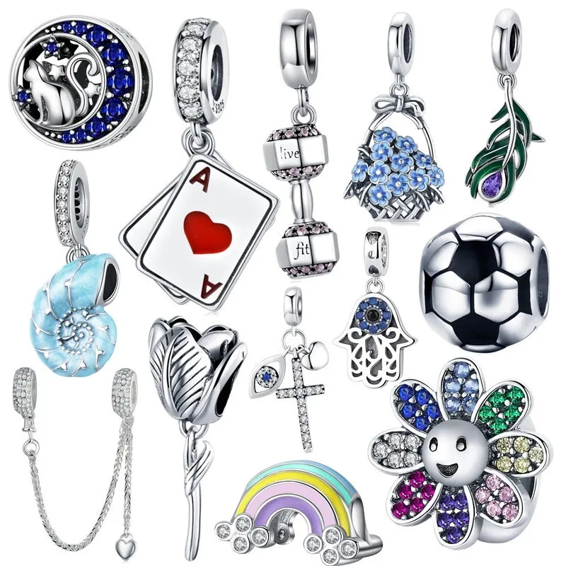 

Original Silver 925 Charms CZ Rainbow Pendant Dumbbell Football Jewelry fit Brand Bracelet DIY Beads Playing Card Jewelry