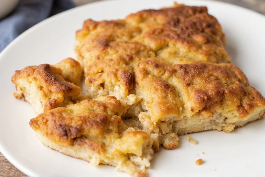 Step-by-step preparation of cinnamon roll breakfast casserole showing bread layering and custard pouring