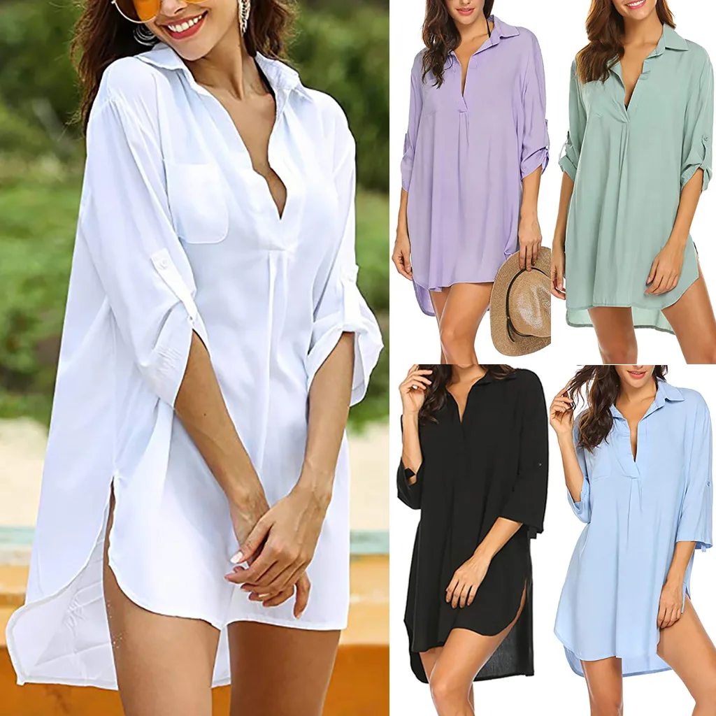 

Summer 2021 New Arrival Women's Blouse Deep V Neckline Dress Pure Color Beach Sunscreen Swimsuit Blouse Sun Dresses