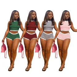 Wholesale 2021 Short Sets Women Two Piece Summer Casual 4 Color Patchwork Crop Top Sleeveless Women 2 Piece Striped Short Set