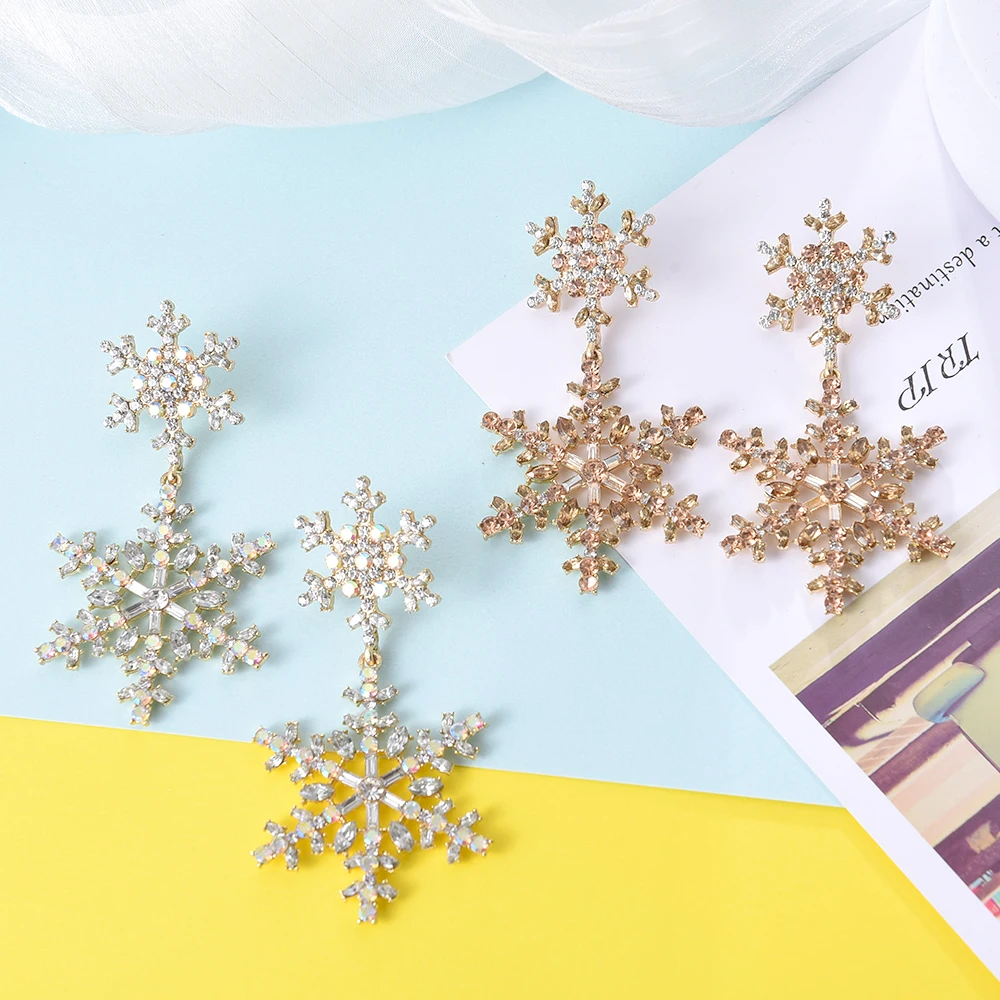 

Femal Jewelry Wedding Party Accessories Statement Brincos Large Snowflake Shape Luxury Bling Crystal Long Drop Earrings, Many colors fyi