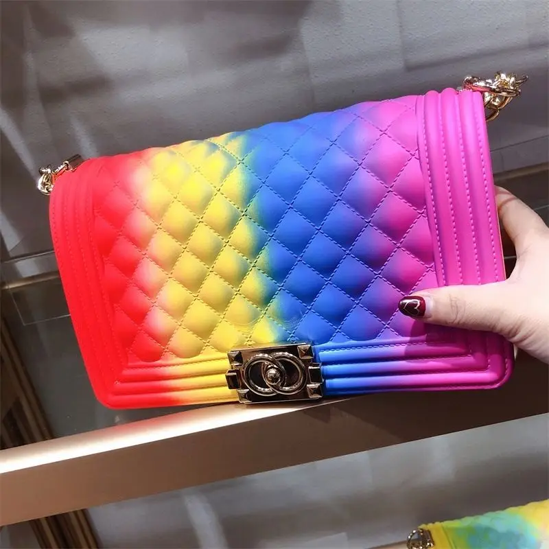 

New Colorful Women Hot Jelly Handbags Shoulder Chain Strap PVC Matte Purses bags for women