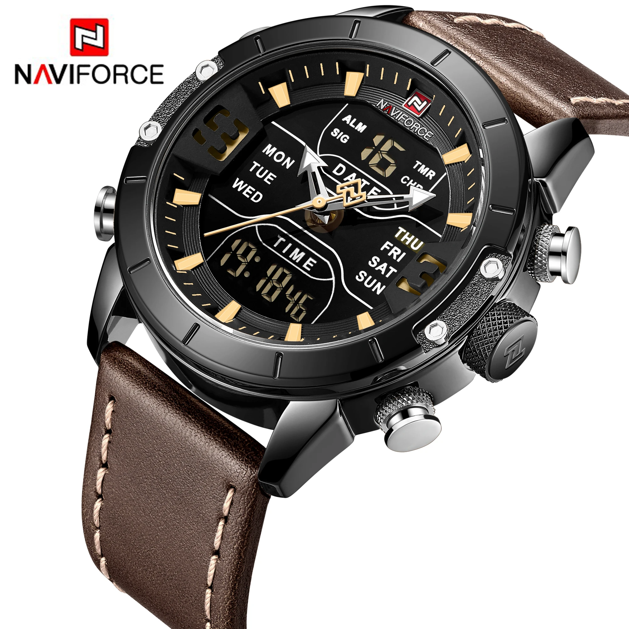 

2020 new relogio inteligente Quartz Analog Digital Sport relojes hombre Leather Wristwatch Naviforce 9153