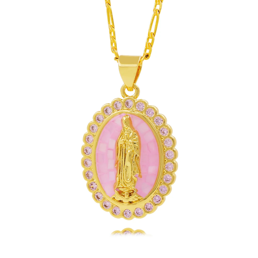 

24K Gold Plated Paved Pink Color Zirconia Virgin Mary Pendant Necklace Religious Jewelry
