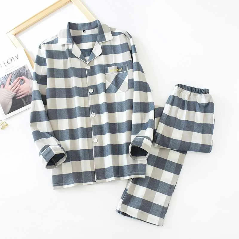 

Couple sleepwear spring and autumn style cotton brushed flannel long-sleeved Japanese plaid suit autumn cotton men and women hom, Required