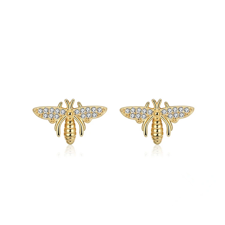 

Fashion Wholesale Women Sterling Silver Gold Color Clear Cubic Zircon Insect Animal Jewelry Cute Sweet Honey Bee Stud Earring