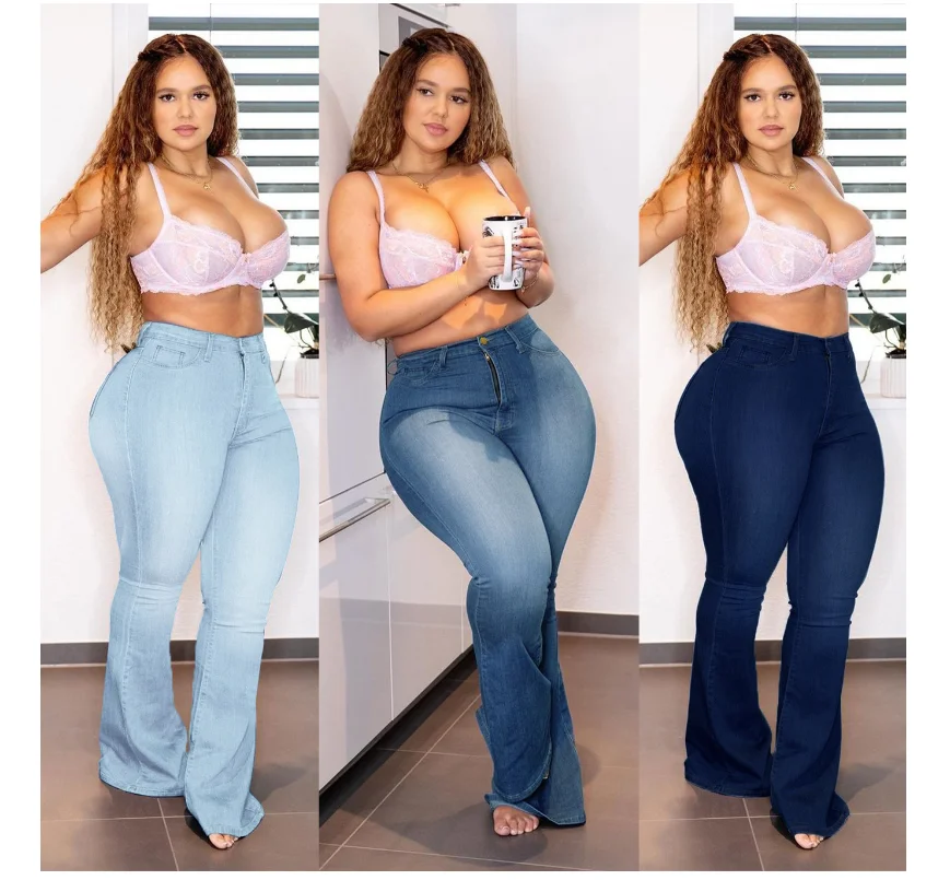 

Hot selling European and American plus size XL-5XL jeans women's vintage solid color slim fit boot cut denim trousers, Light blue,dark blue, gray color,customized color