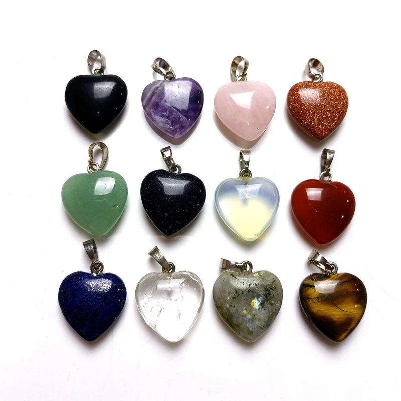 

Natural 20mm Charms assorted black obsidian green aventurine quartz crystal stone bead heart pendants for women jewelry making, Multi quartz pendant