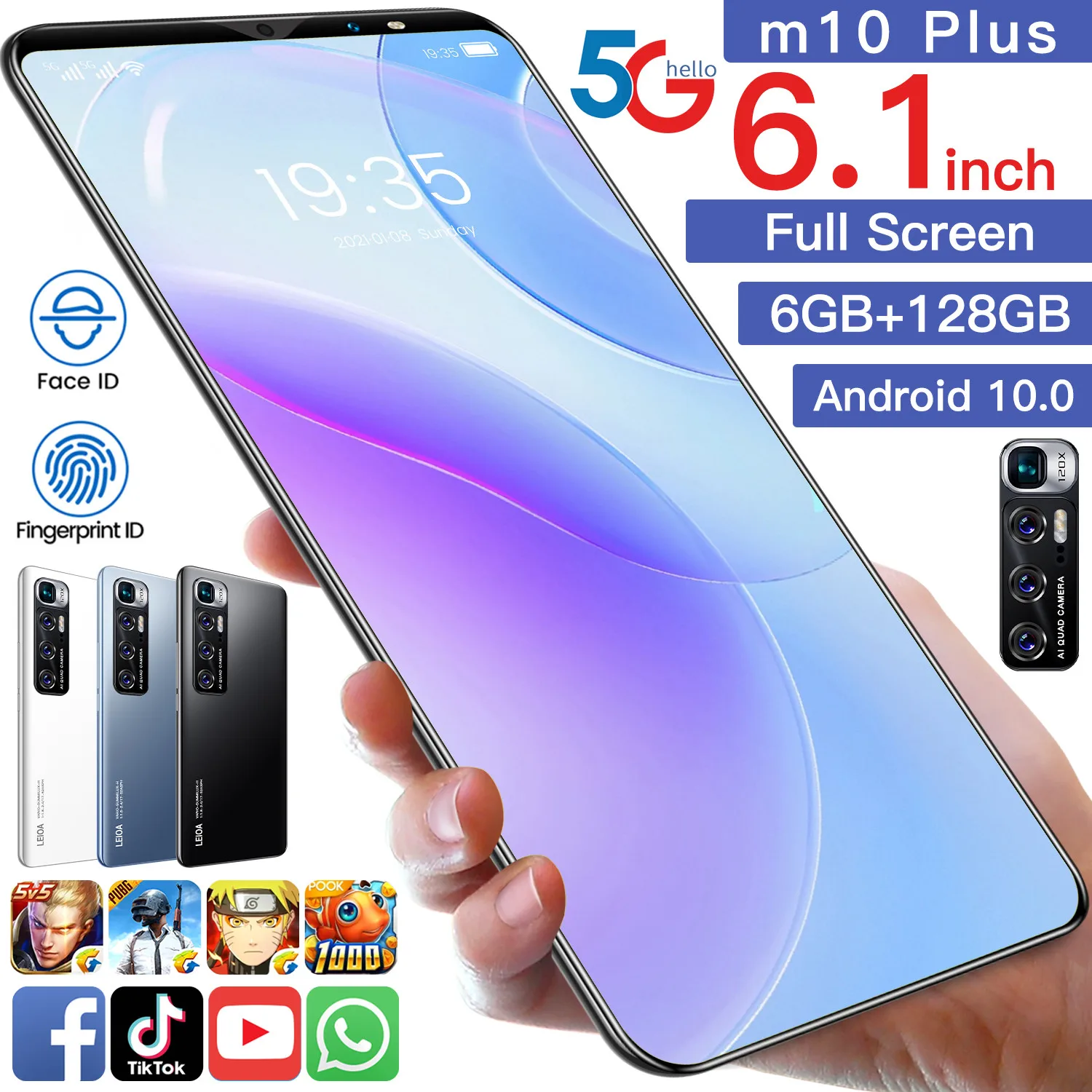 

M10 Plus Full Screen Mobile Phones 4G 5G Android 6GB+128GB Large Memory Smartphones Dual SIM Gaming Face ID Cellphones