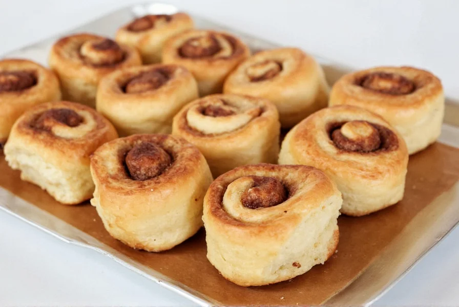 Finished cinnamon rolls with cream cheese frosting drizzled on top, served on a rustic wooden board