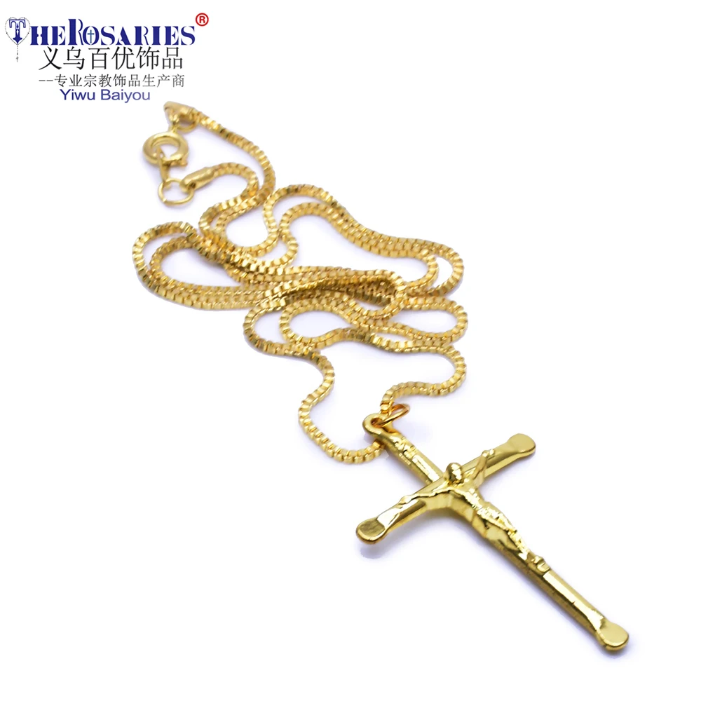 

18k Gold Plated Christ Crucifix Cross Necklace Pendant with Metal Chain Crucifix Promotion Gift Jesus Religious Fashion