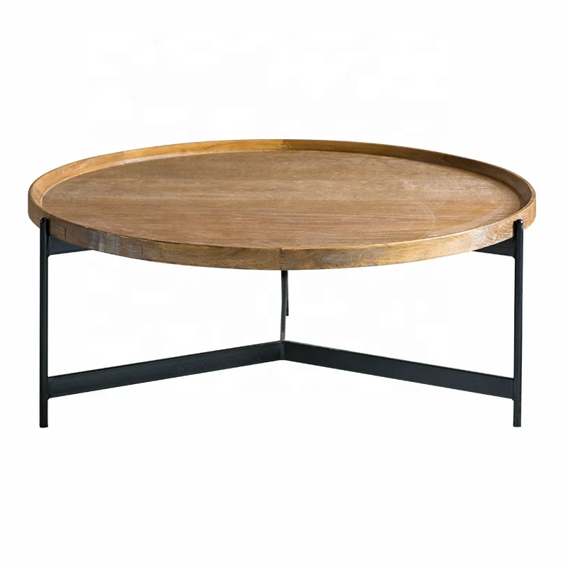 Swt Handmade Antique Round Wooden Tray Wooden Side Tables With Metal