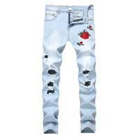 

Wholesale Men denim stretch jean with ripped slim fit pant design Embroidered flower man blue jean