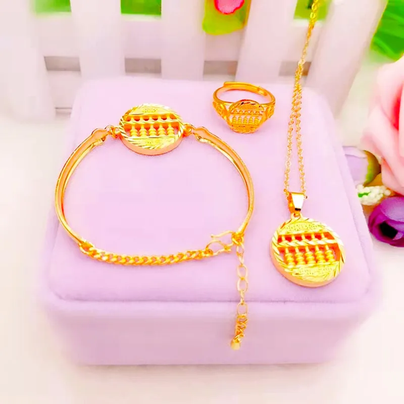 

Brass Gold Plated Round Abacus Bracelet Lucky Fortune Abacus Ring Necklace Pendant Three-Piece Set