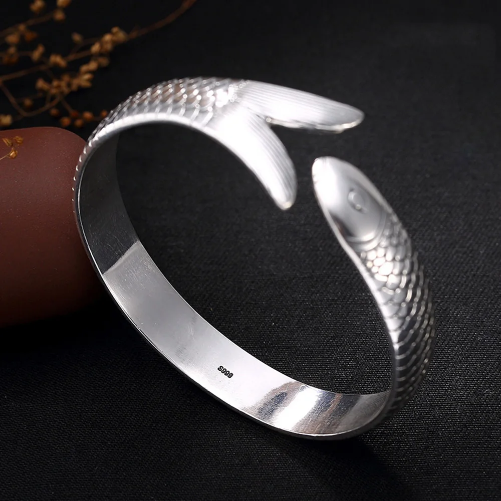 

Real Pure 990 Sterling Silver Fish Shape Bracelet Women Cuff Bracelets Bangle