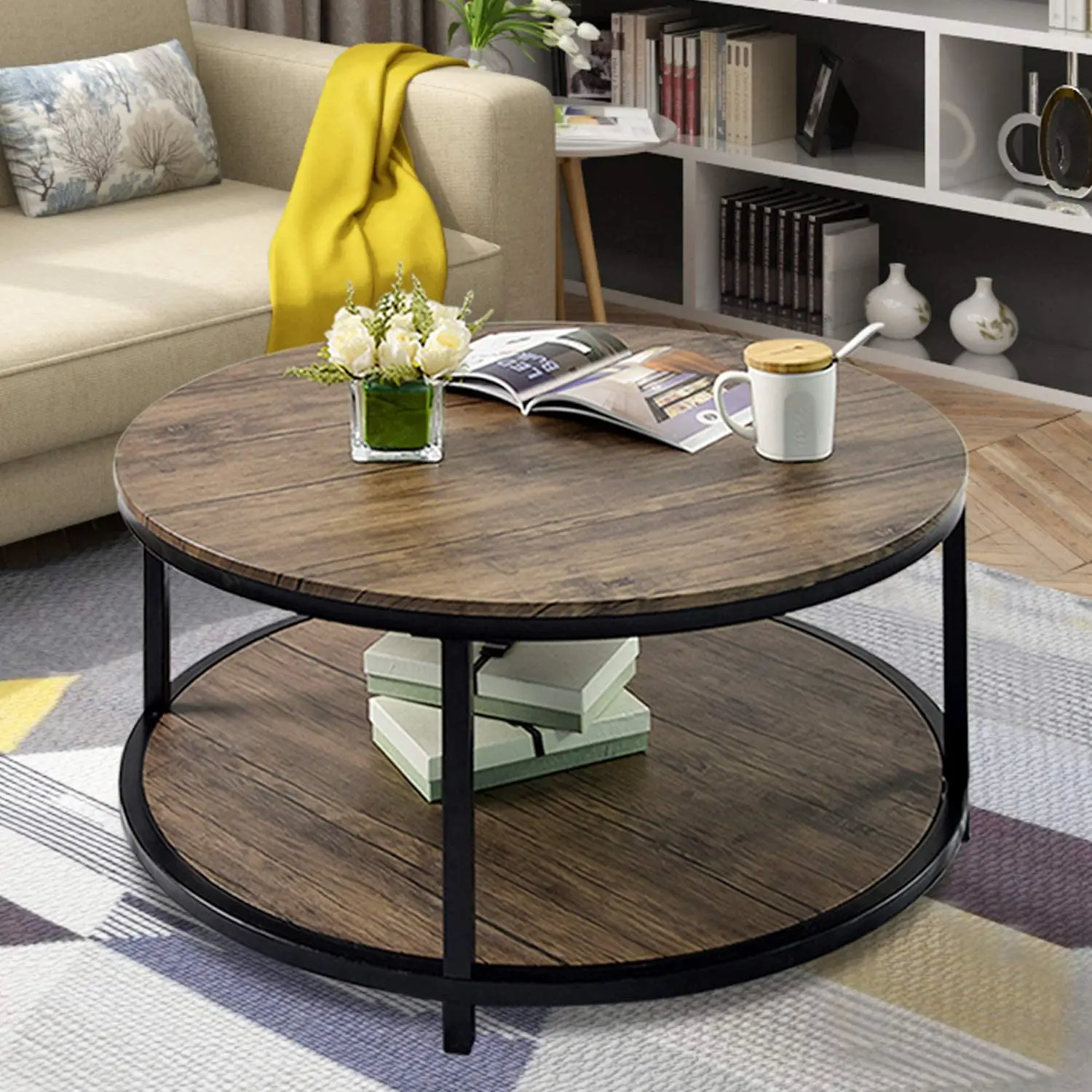 圆形茶几质朴木质表面顶级工业沙发桌客厅现代设计