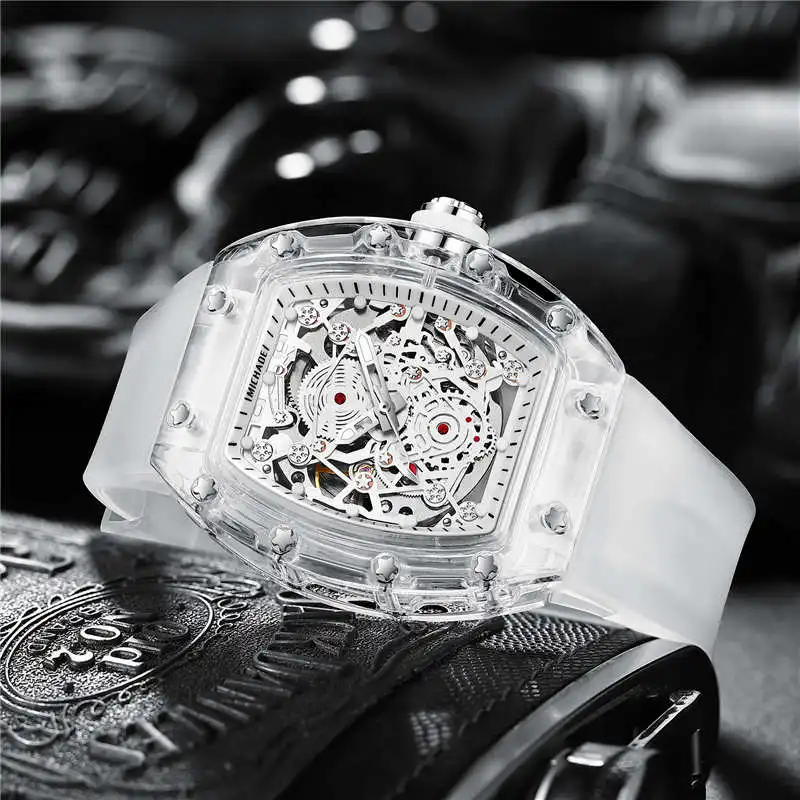 

Richard Tourbillon Skeleton Watch Mille Reloj Mens 3ATM Waterproof Transparent Silicone Wrist Watches Male Mechanical Watches, Black / white