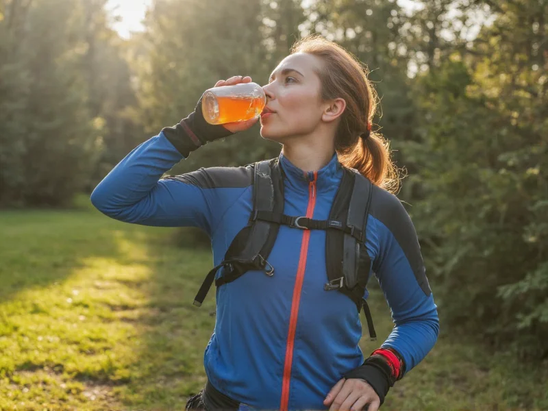 Athlete drinking homemade sports drink during trail run